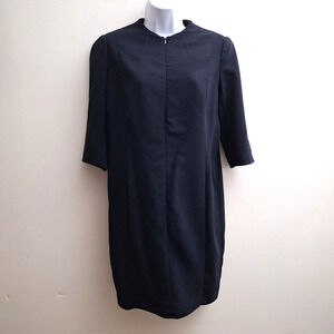 AKRIS Navy Blue Shift Wool Dress 10 3/4 Sleeves Zip Front Stretch Minimalist